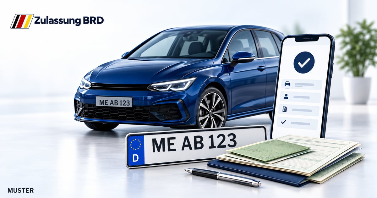 Online Fahrzeugzulassung in Monheim am Rhein: Musterkennzeichen ME AB 123, Auto und Fahrzeugpapiere und Smartphone. Illustration mit Logo von Zulassung BRD.